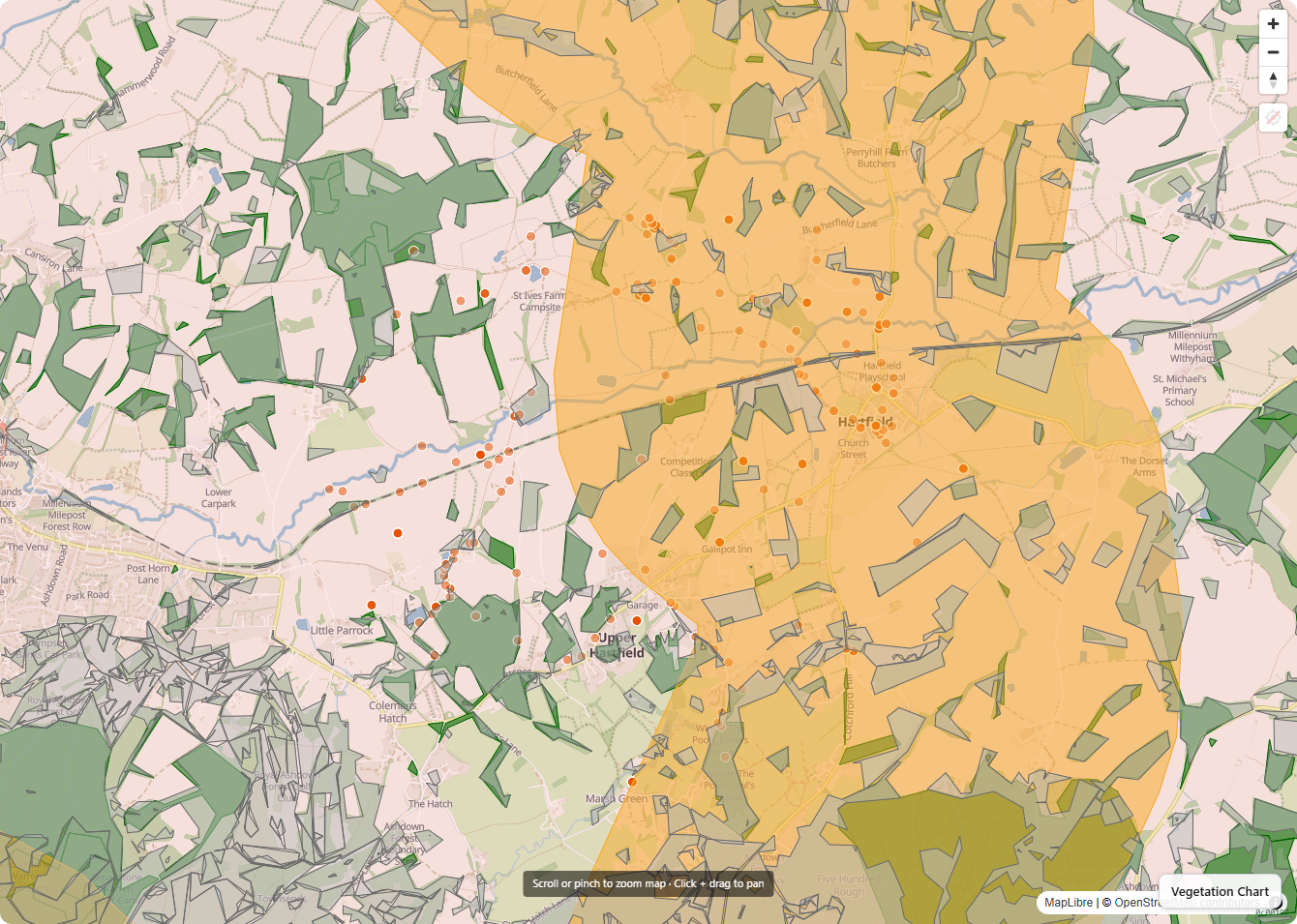 Catchment-scale view with priority habitats, ancient woodland, species sightings and pollinator corridors layered on the landscape